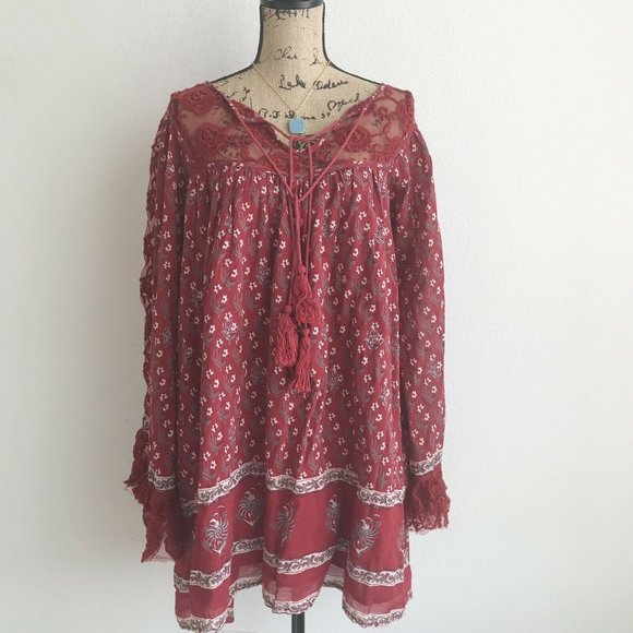 Free People Red Floral Peasant Tunic Dress Lace M - Picture 11 of 11